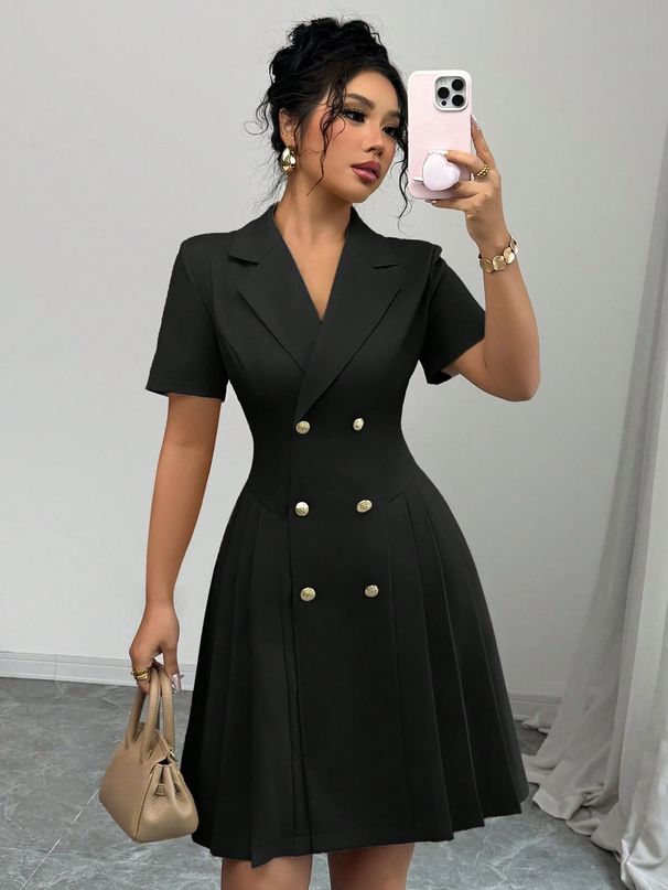 Women's Skirt Slim Waist Double Breasted Autumn Dress_ecoleips.com
