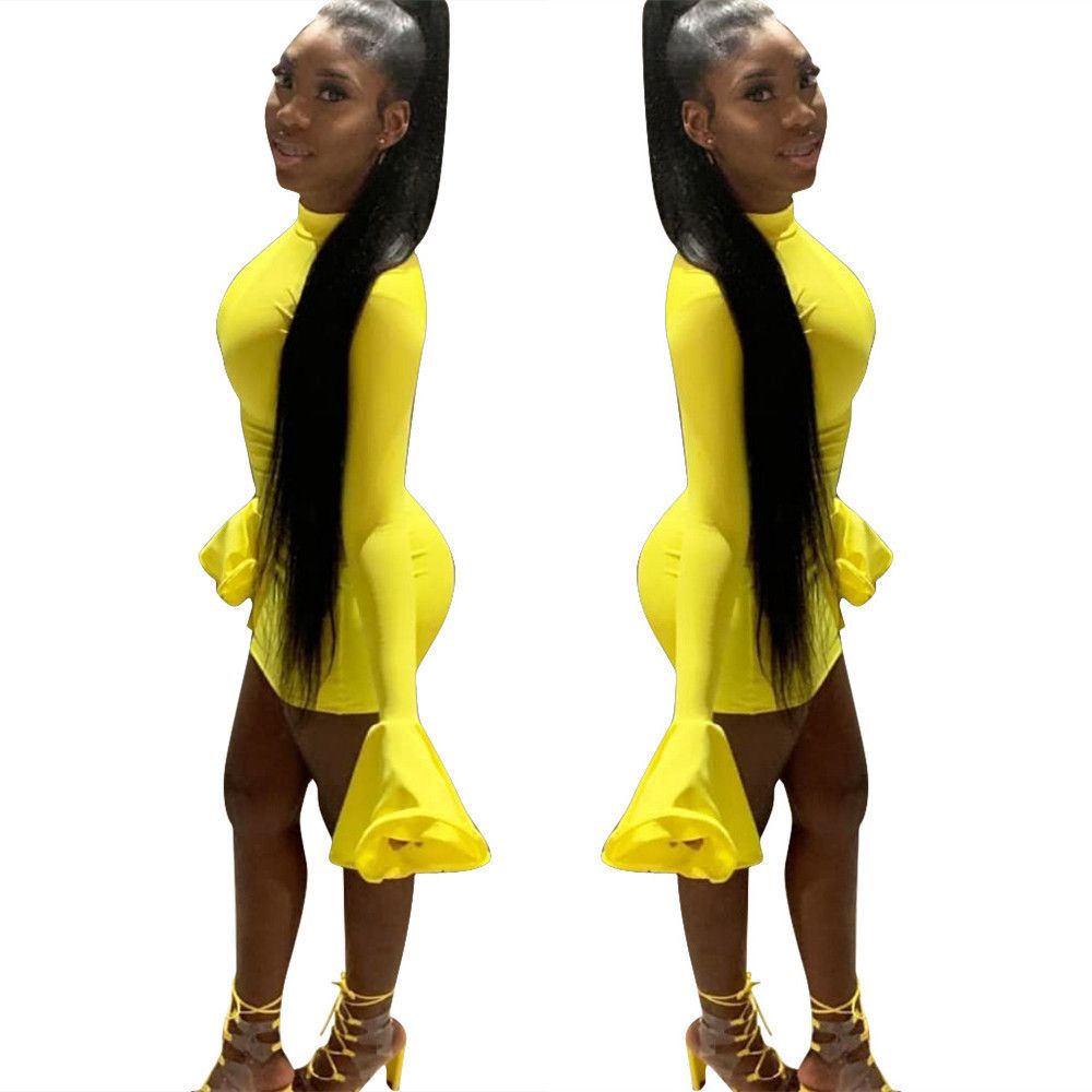 Women Solid Color Sexy Flared Long Sleeve Mini Dress Nightclub Party Wear Evening Cocktail Bodycon Dress For Ladies136_ecoleips.com