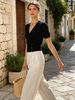 Ribbed V Neck Knit Top, Soft Breathable Loose Blouse_ecoleips.com