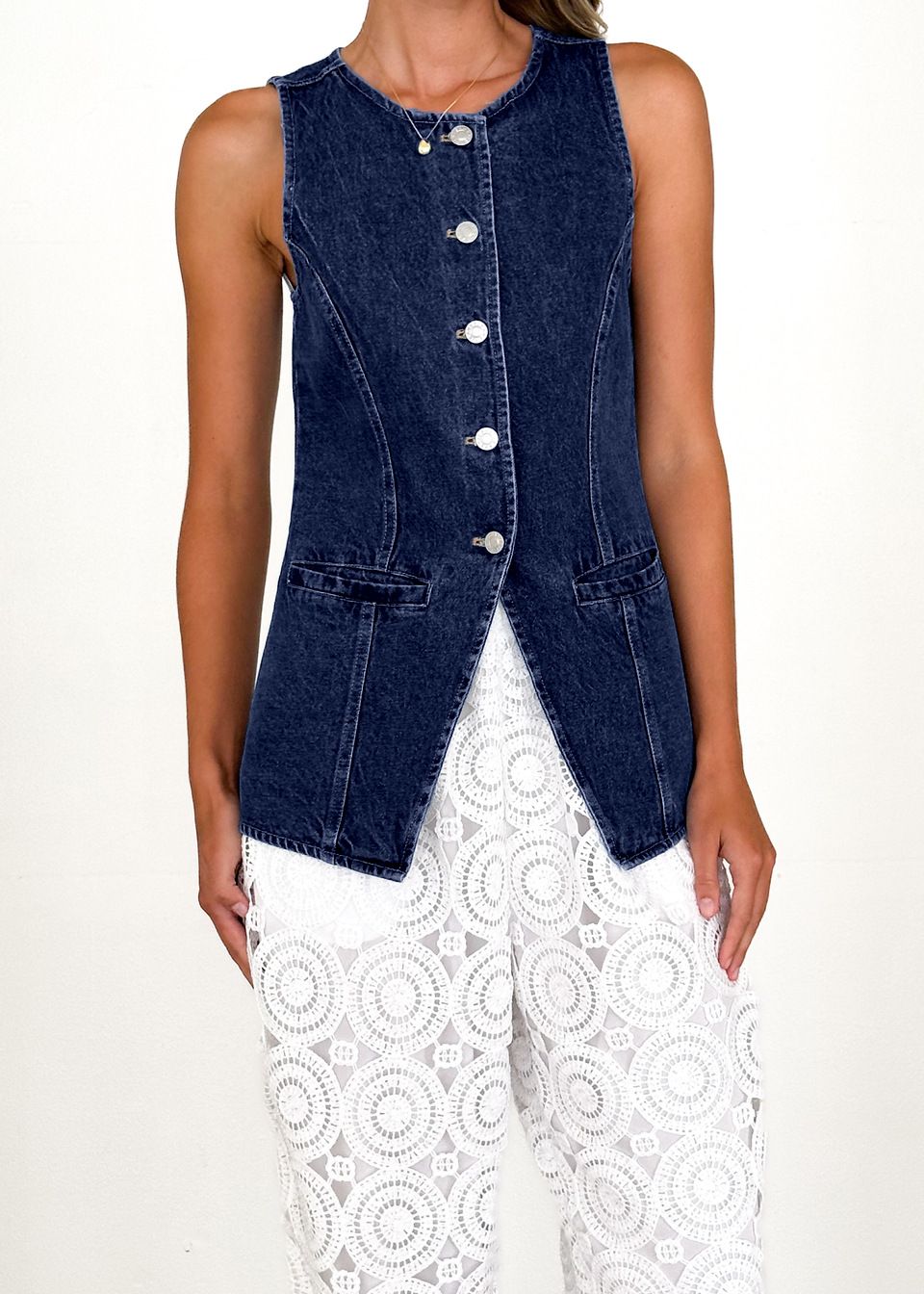 Women's Sleeveless High Waist Denim Vest - Casual Chic Button Front Vest For Spring & Summer_ecoleips.com