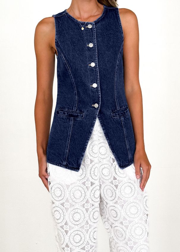 Women's Sleeveless High Waist Denim Vest - Casual Chic Button Front Vest For Spring & Summer_ecoleips.com