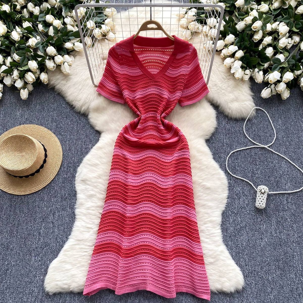 Women's Clothing Light Luxury High End Striped Knitted Dress V Neck Hollow Thin Breathable Slim Design Long Skirt_ecoleips.com
