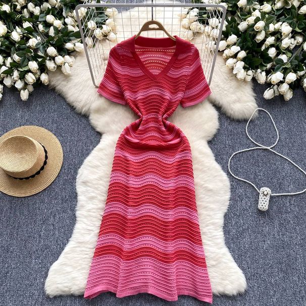 Women's Clothing Light Luxury High End Striped Knitted Dress V Neck Hollow Thin Breathable Slim Design Long Skirt_ecoleips.com