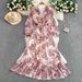 Women's Clothing Positioning Printing V Neck Long Sleeved Dress For Women Summer Waist Slim Ruffled Long Skirt_ecoleips.com