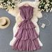 Women's French Style Dress Yellow Heavy Duty Pleated Collar Tie Waist Slimming Chiffon Cake Skirt With Ruffles Casual Summer Dress_ecoleips.com