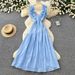 French Style Ruffled Square Neck High Waisted Slimming Long Dress Korean Summer Elegant Vacation Style for Women_ecoleips.com