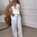 Women's Clothing solid color one shoulder sleeveless single breasted top high waist wide leg pants two piece suit_ecoleips.com