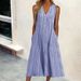 Women Casual Striped Dress Stylish V‑Neck Sleeveless Design With Convenient Side Pockets_ecoleips.com