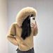 Women's Clothing Hooded Fur Collar Stitching Knitted Sweater Jacket Women's Knit Hooded Cardigan With Faux Fur Trim - Casual Fall & Winter Outerwear_ecoleips.com