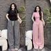 Women's Clothing Asian Style Summer T-Shirt And Wide Leg Pants Set Solid Color Tight Short Sleeve Two-Piece Outfit_ecoleips.com