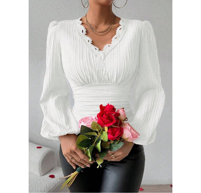 Elegant V-Neck Lace Trim Blouse For Women - Long Sleeve Floral Lace Patchwork Shirt, Breathable Polyester, Slim Fit, Spring & Autumn Essential_ecoleips.com