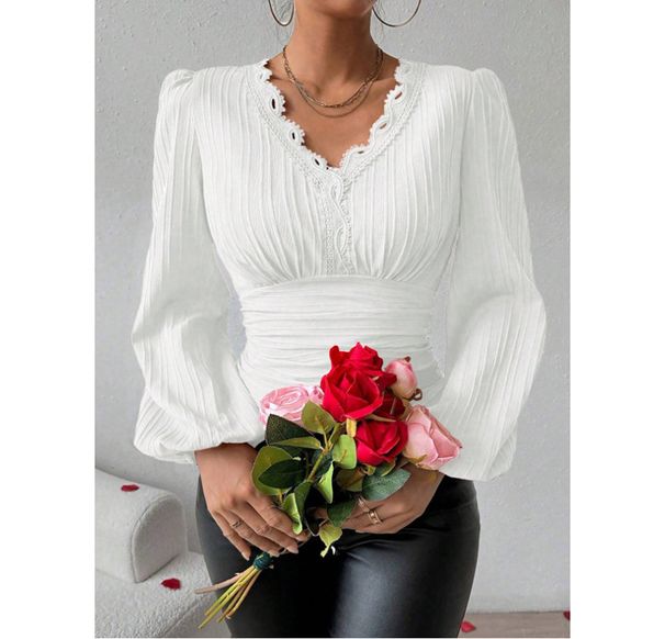 Elegant V-Neck Lace Trim Blouse For Women - Long Sleeve Floral Lace Patchwork Shirt, Breathable Polyester, Slim Fit, Spring & Autumn Essential_ecoleips.com