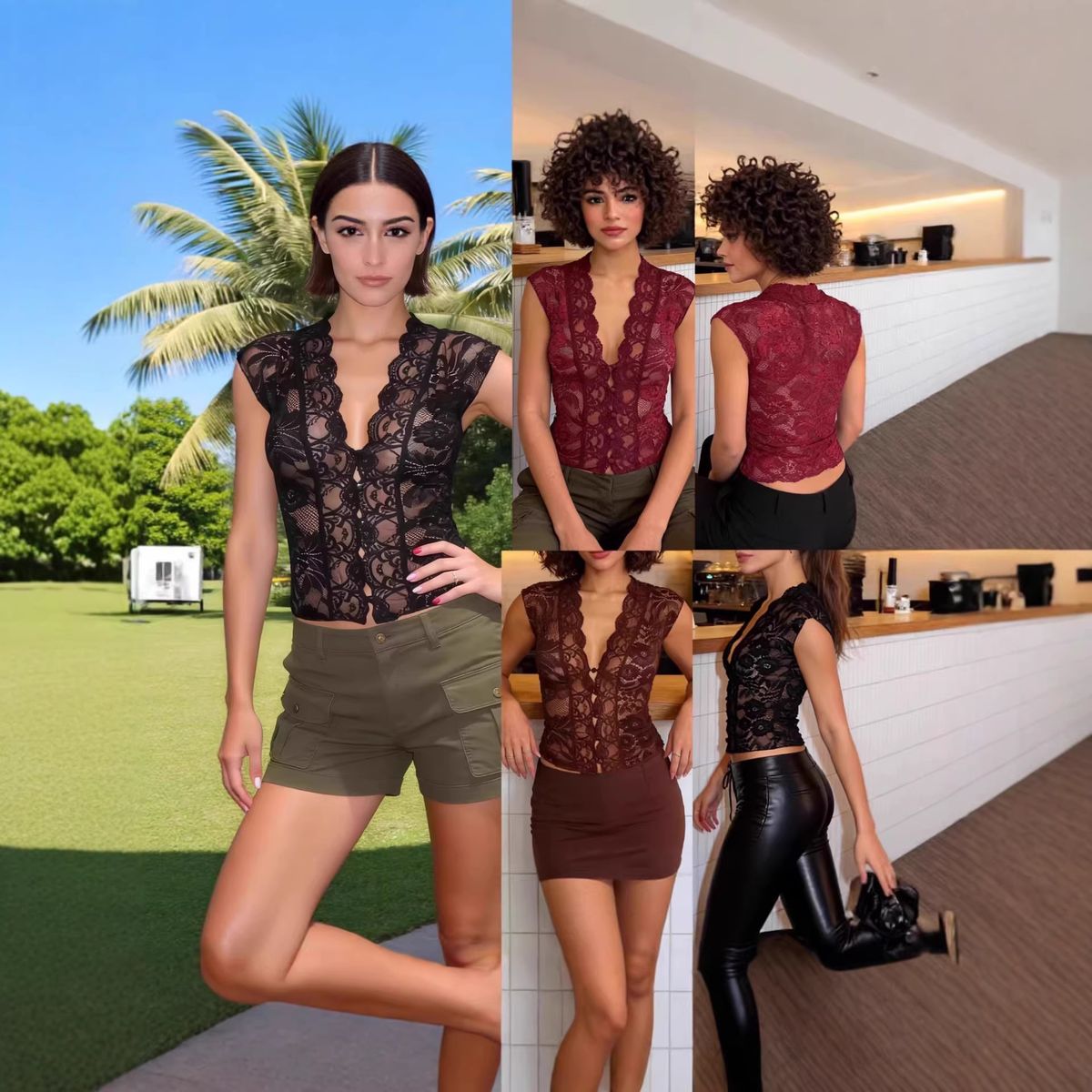 Black Lace Sleeveless Top for Women See through Vest European American Style Patchwork T-Shirt Cross Border Fashion Feminine_ecoleips.com