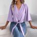 Women's V-Neck Button Front Knotted Hem Chiffon Blouse 3/4 Sleeve Casual Tops_ecoleips.com