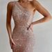 Women’s Clothing Winter New Women's Wear Pink Slit Long Skirt One Shoulder Sequined Dress_ecoleips.com