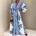 Women's Clothing Spring And Summer New Temperament V Neck Short Sleeved Printed Large Skirt Dress_ecoleips.com