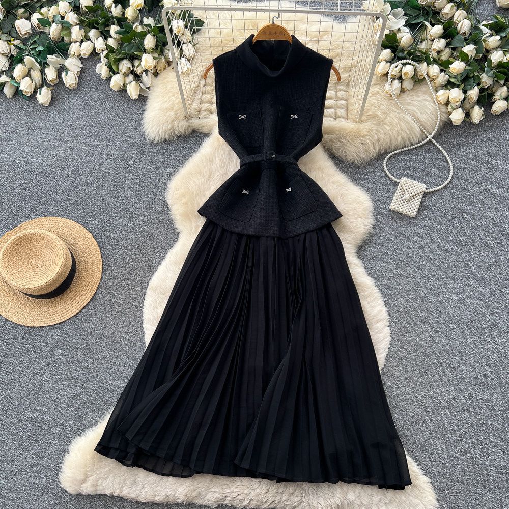Elegant French Style Sleeveless Collared Dress Korean High Waisted Pleated Patchwork Long Skirt for Women Summer Temperament_ecoleips.com