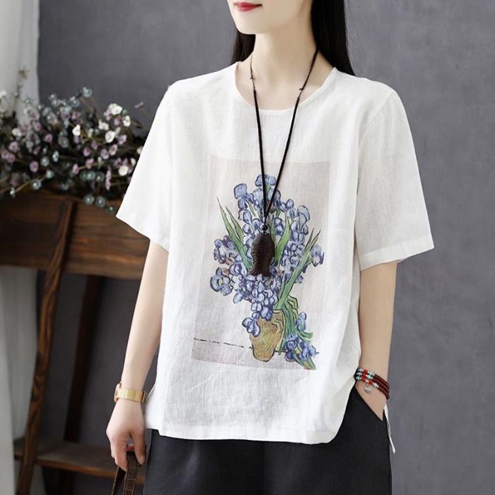 Women's Clothing Women's Retro Print Cotton Linen Blend Short Sleeve T-Shirt Summer Trendy Loose Fit Plus Size Casual Top_ecoleips.com