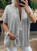 Women's New Loose Sequined V-neck Short-sleeved Casual Shirt_ecoleips.com