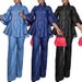 High-Collar Button-Detail Denim Set - Straight Leg Pants & Cropped Jacket, Solid Color Streetwear (Dark Blue/Black/Light Blue)_ecoleips.com