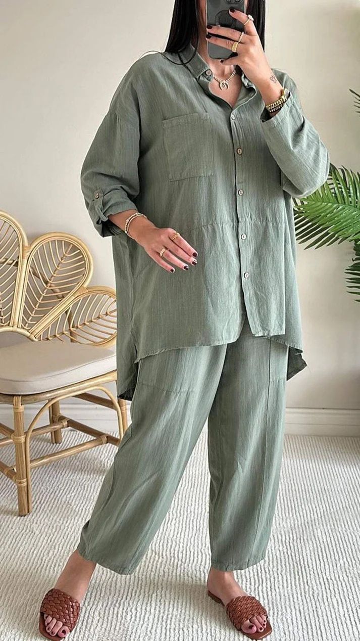 Women’s Clothing Summer New Women's 2 piece Set Large Size Cotton and Linen Shirt Set High Waist Loose Trousers_ecoleips.com