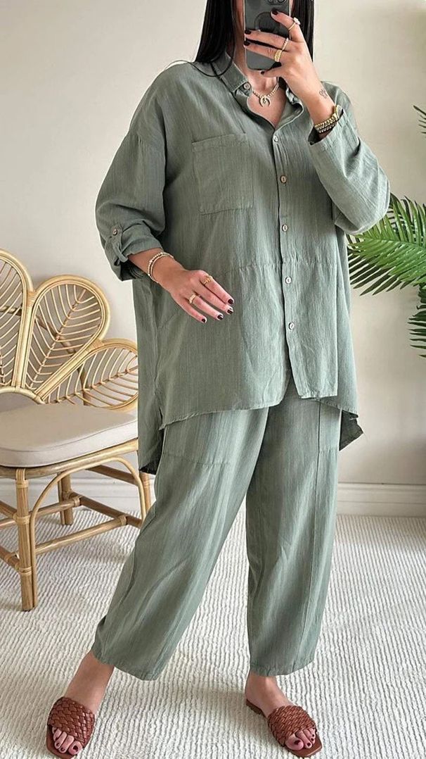 Women’s Clothing Summer New Women's 2 piece Set Large Size Cotton and Linen Shirt Set High Waist Loose Trousers_ecoleips.com
