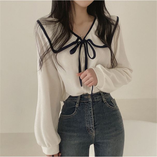2024 Korean Chic Spring Autumn New Doll Collar Tie Lantern Sleeve Women, Suitable For Both Inner And Outer Wear, Solid_ecoleips.com