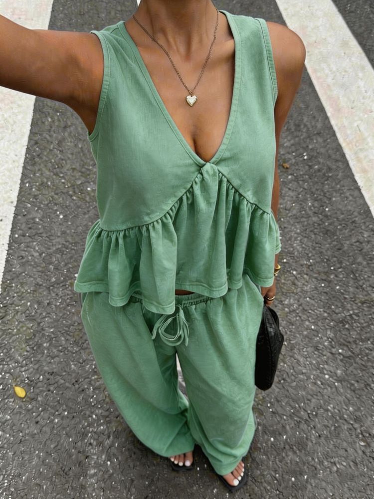 Women's Casual V Neck Pullover Sleeveless Multi Color Set Pants New Clothing_ecoleips.com