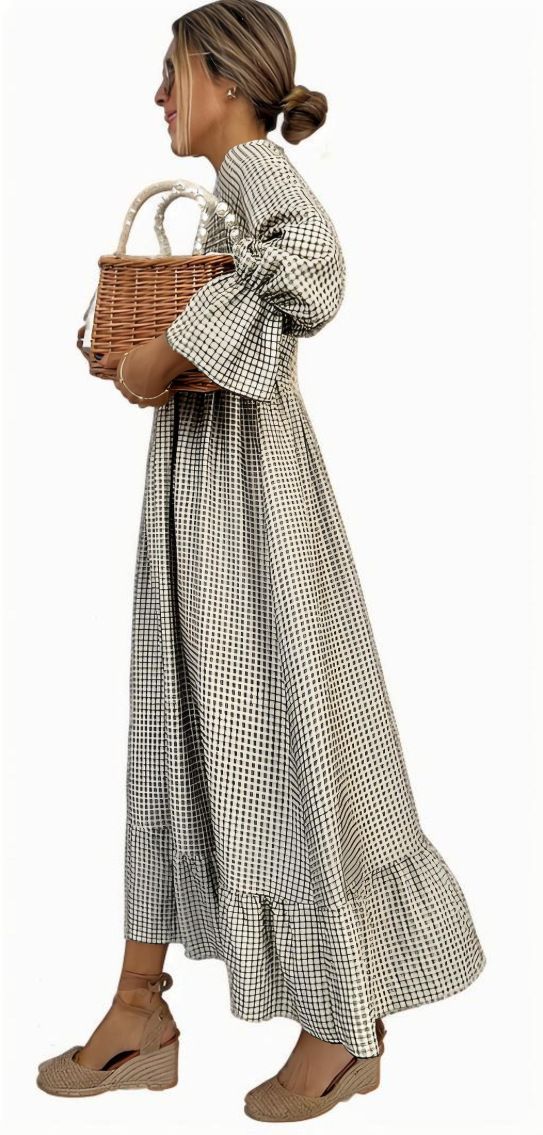 Women's Plaid Puff Sleeve Dress Spring/Summer Long Skirt Fashion_ecoleips.com