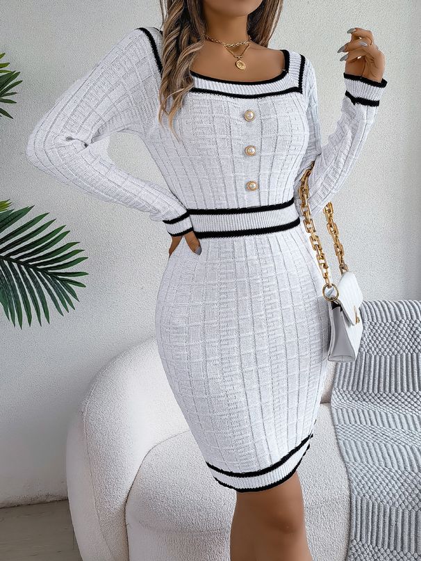 Elegant Square Neck Button Long Sleeve Sweater Hip Skirt Women's Clothing_ecoleips.com