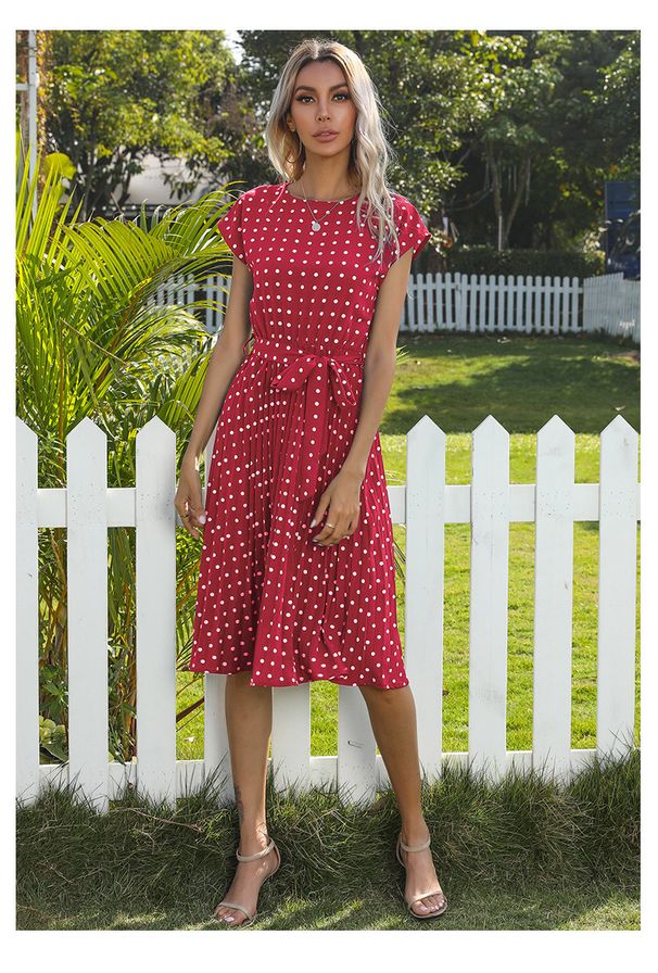 Summer New Arrival Women European American Polka Dot Drawstring Short Sleeve Pleated Mid Length Dress_ecoleips.com