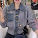 Women's Clothing Autumn And Winter Polo Collar Short Tops Two Piece Denim Collar Splicing Coat Knitted Cardigan_ecoleips.com