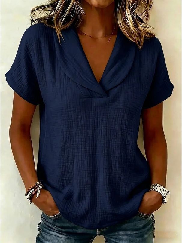 Women's Clothing Summer Women's Knitted Short-Sleeved T-Shirt Butterfly Collar Solid Color Casual Top Style_ecoleips.com