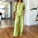 Women's Summer Casual Loose Two Piece Set V Neck Linen Wide Leg Pants Cross Border Trendy Style European American Style_ecoleips.com
