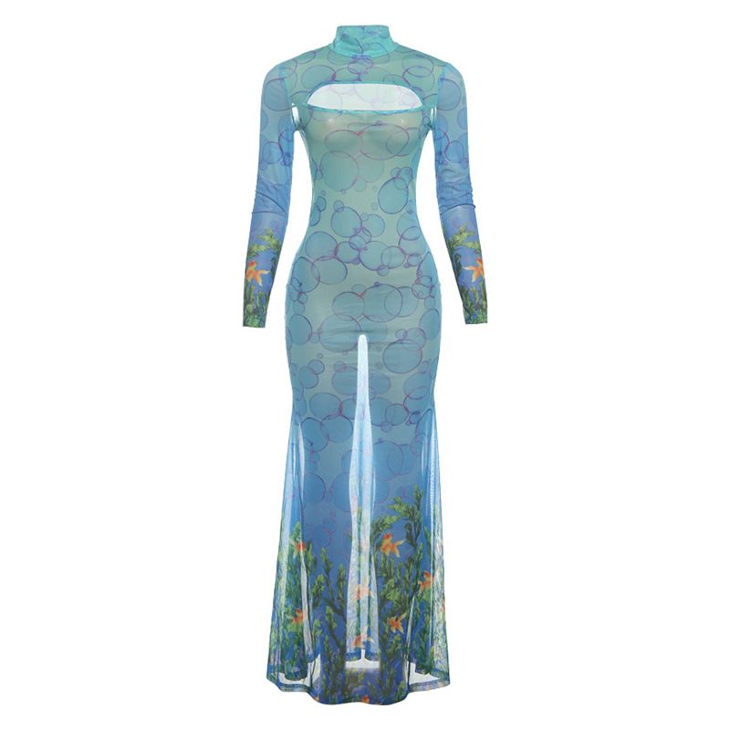 Women's Unique Print Hollow Sexy Fishtail Dress Fashion Autumn New Clothing_ecoleips.com