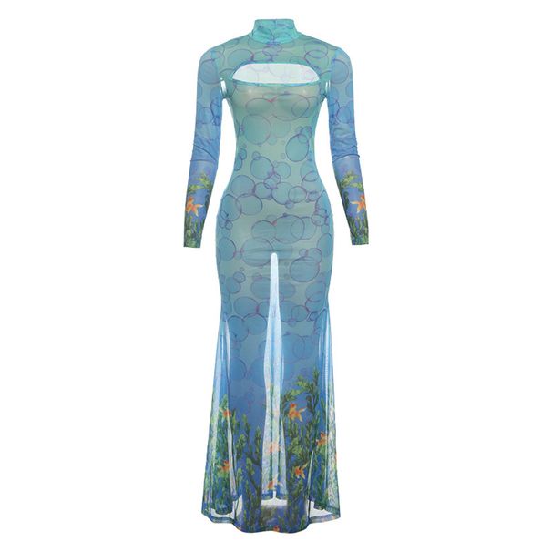 Women's Unique Print Hollow Sexy Fishtail Dress Fashion Autumn New Clothing_ecoleips.com