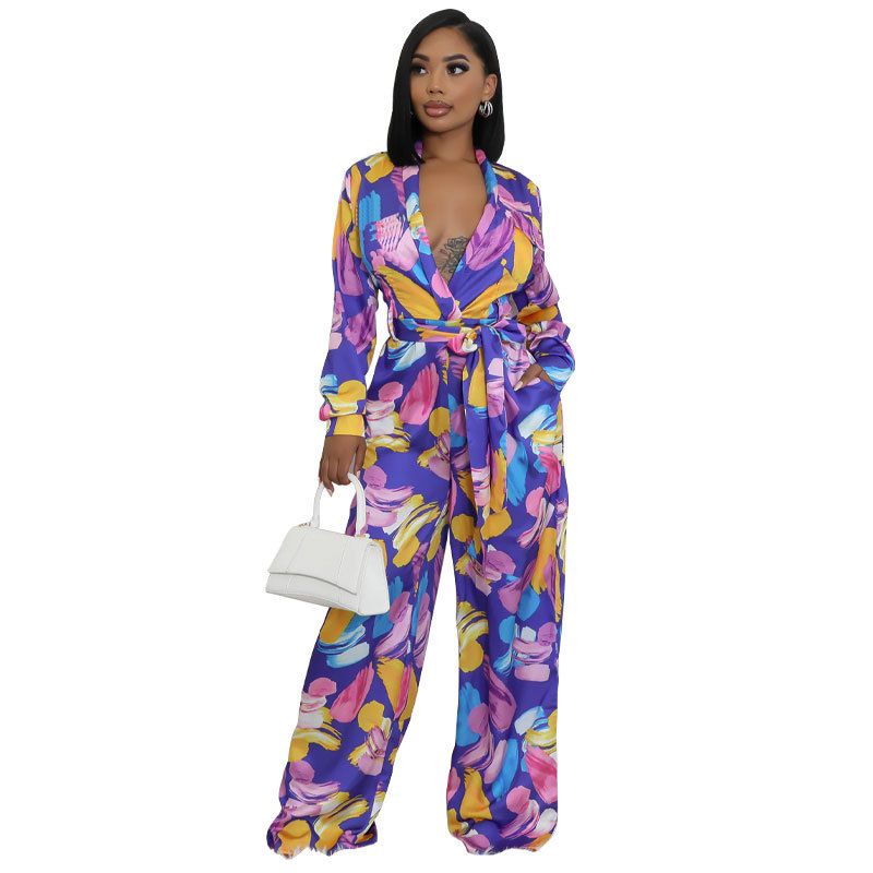 Women's High-Waisted Jumpsuit - Flowy Wide-Leg Jumpsuit With Long Sleeves & Belt Detail - Casual Office Wear - Blue/Green (S-2XL)_ecoleips.com