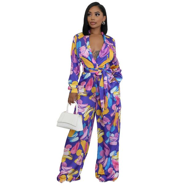 Women's High-Waisted Jumpsuit - Flowy Wide-Leg Jumpsuit With Long Sleeves & Belt Detail - Casual Office Wear - Blue/Green (S-2XL)_ecoleips.com