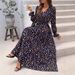 Women's Clothing Printing Fashion All Match V Neck Long Sleeved Big Swing Dress_ecoleips.com