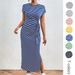 Women's Clothing Elegant Striped Bodycon Midi Dress With Side Slit And Round Neck For Women_ecoleips.com