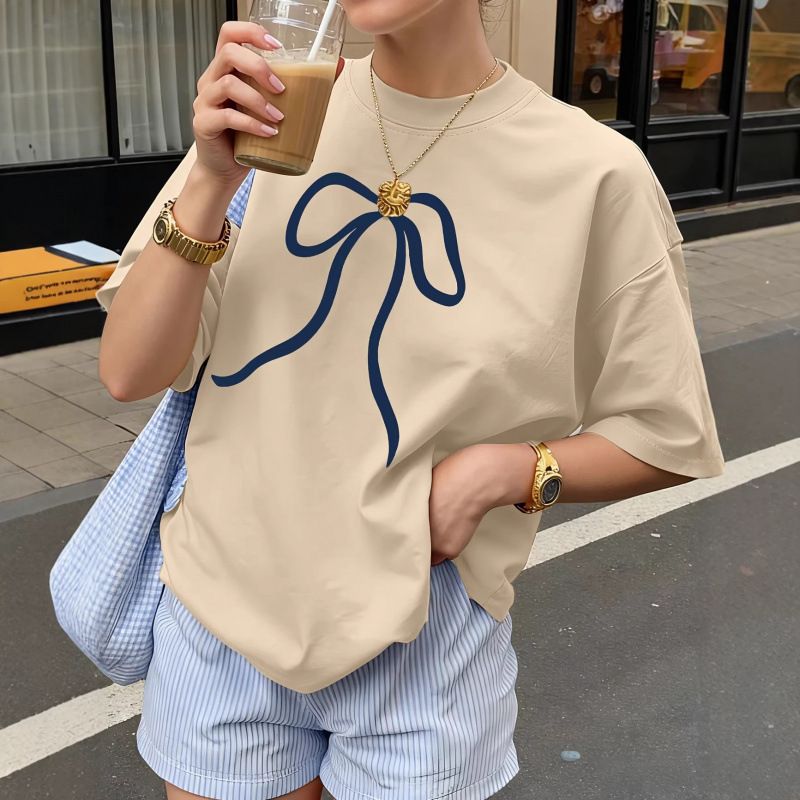 Women's Minimalist Style Base Layer T-Shirt Navy Blue Bow Print Short Sleeve Summer Top_ecoleips.com