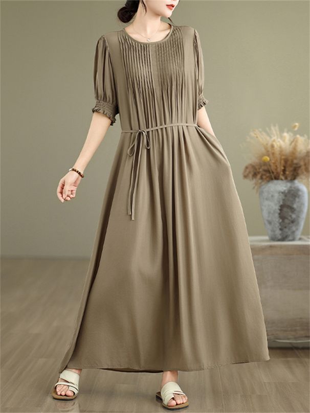 Cotton Vintage Casual Loose Solid Color Dresses For Women Spring Summer Short Sleeve Dress Femme Robe Vestidos Elegant Clothing_ecoleips.com