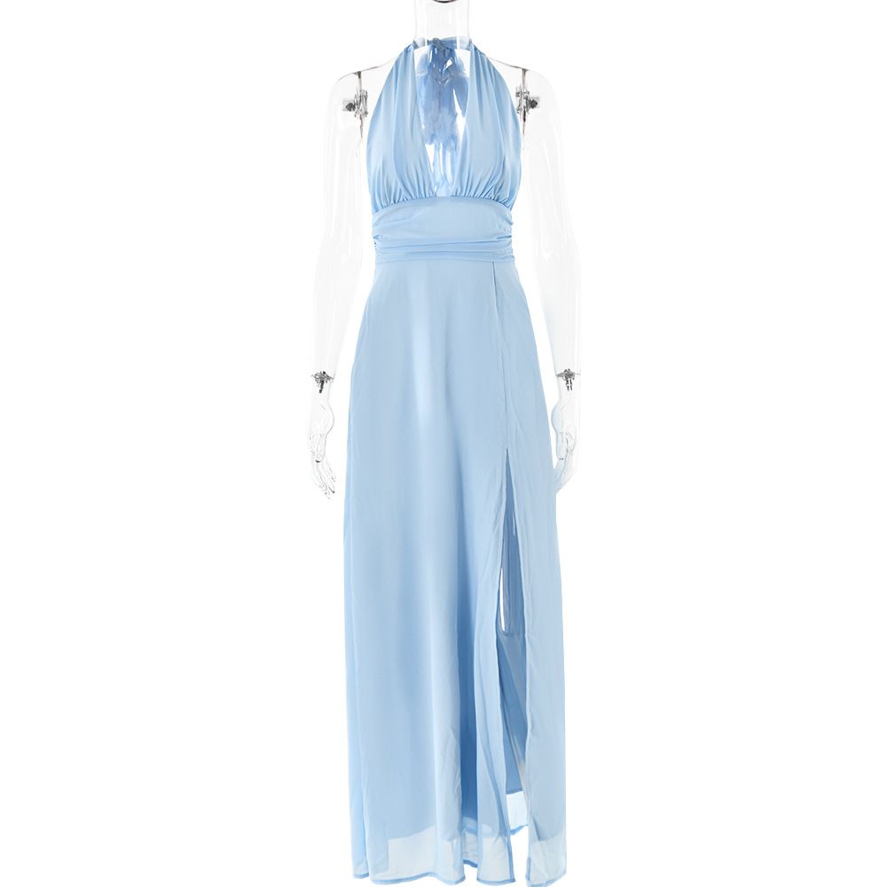 Women's Clothing Ins Sexy Hot Girl Halter Neck Strap Backless Slit Dress Female Fashion Temperament Long Skirt Spring And Summer_ecoleips.com