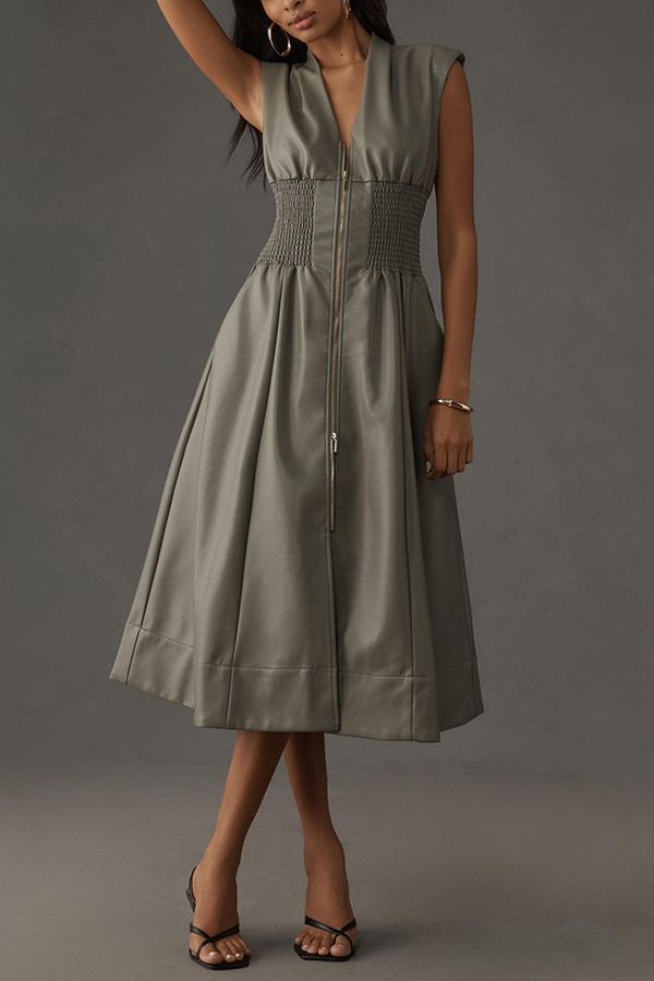 Women's Clothing Retro Sleeveless Leather Zipper Waist Long Dress_ecoleips.com