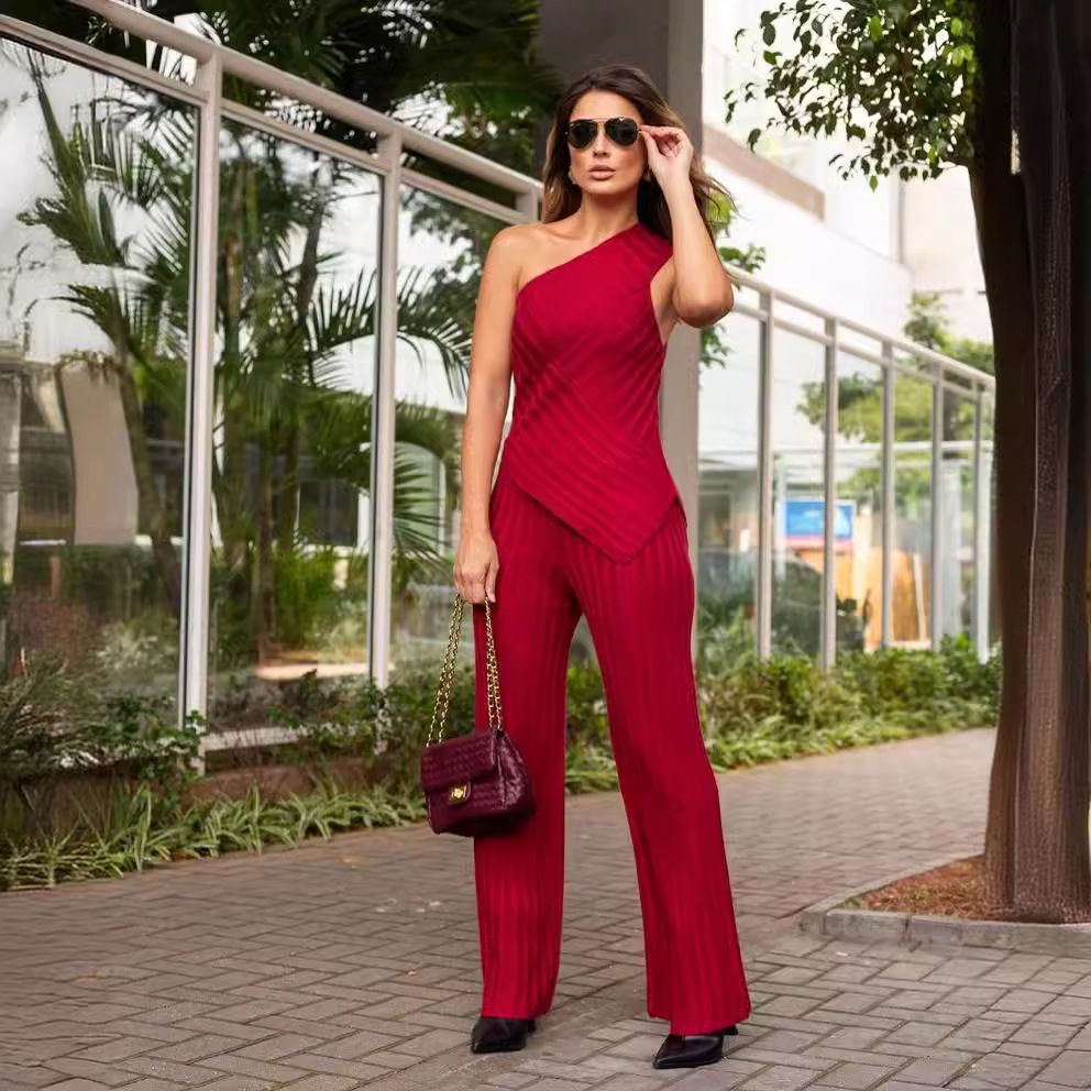 Women's solid color oblique collar striped elastic slim fit knitted sweater and pants suit for women_ecoleips.com