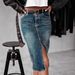 Women's Stretch Denim Pencil Skirt - High-Waist Front Slit Midi Skirt With Distressed Wash (Navy Blue, S/M/L/XL)_ecoleips.com