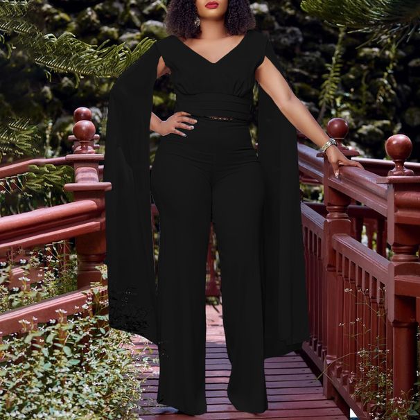 women's fashion solid color ribbon splicing short top wide-leg pants dress suit women_ecoleips.com