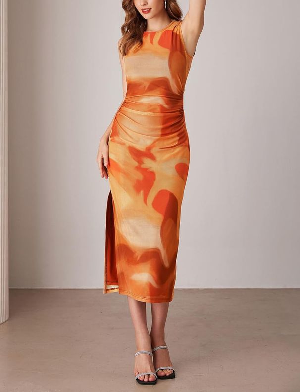 Women's Sleeveless Midi Dress Bodycon Temperament Tie Dye Side Slit Wedding Cocktail Dress_ecoleips.com