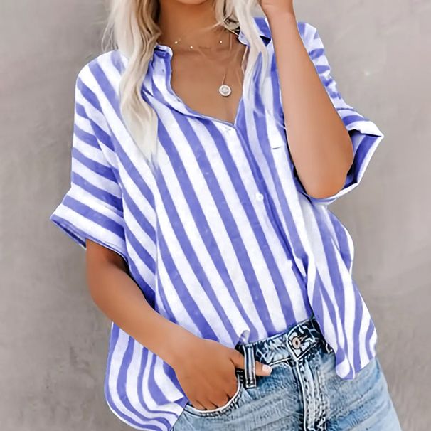 Women's Clothing Spring And Summer Casual Loose Two Color Striped Cardigan Short Sleeved Shirt_ecoleips.com