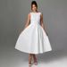 Women's Clothing Round Neck Cinching Full Skirt Elegant Summer Backless Maxi Dress With Round Neck, Wrap Waist & Flowy A-Line Skirt - White, Blue_ecoleips.com